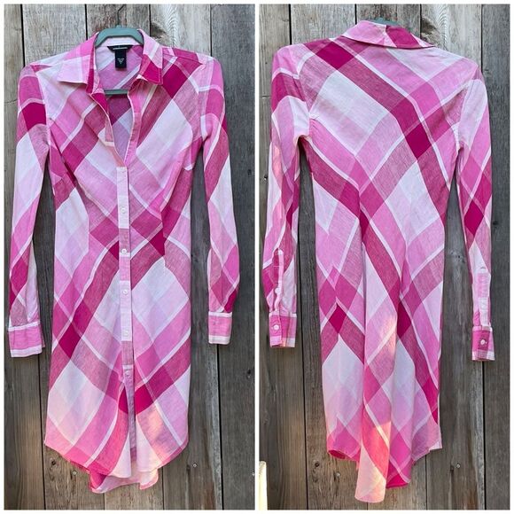VS 100% Linen Pink Gingham Checkered Fitted Button Down Dress Size 2 - Picture 4 of 5